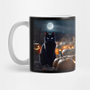 Black cat in pumpkin patch on Halloween night Mug